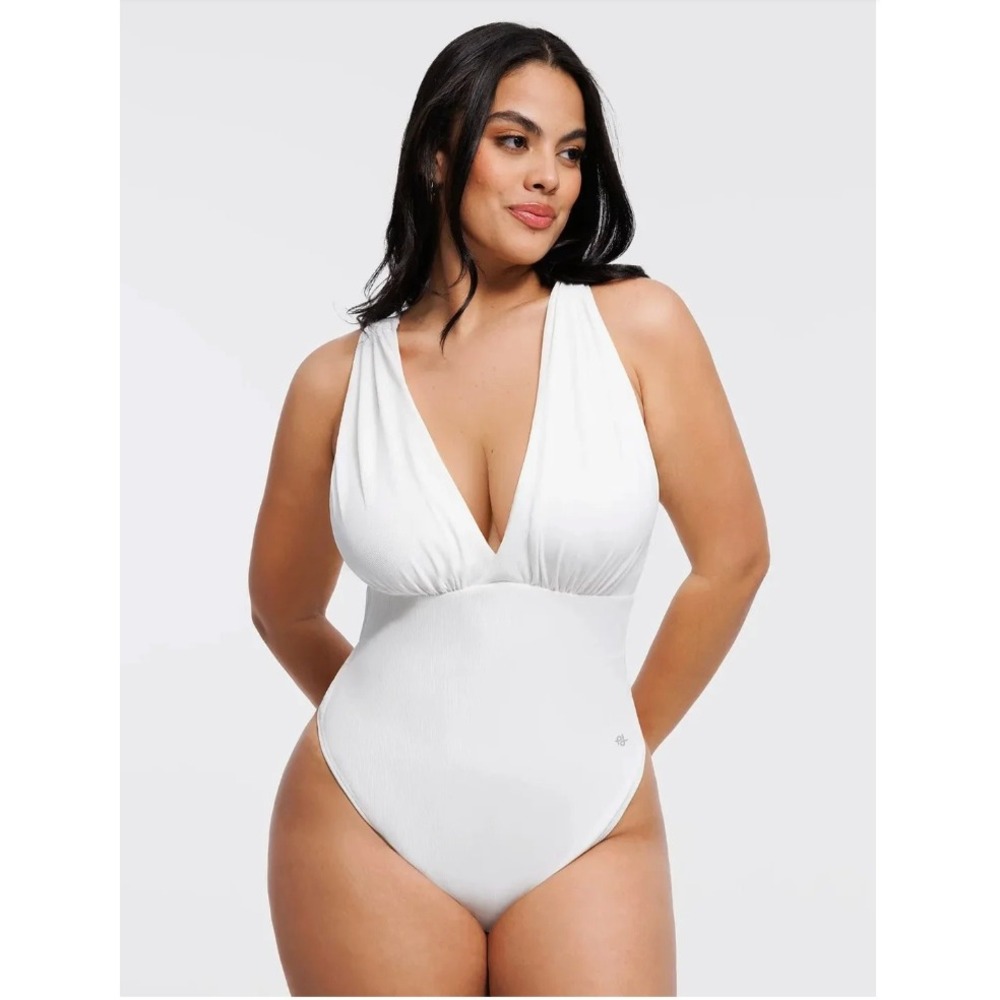 Popilush Cross-Front Draped Halter Tummy Control Bodysuit White Medium